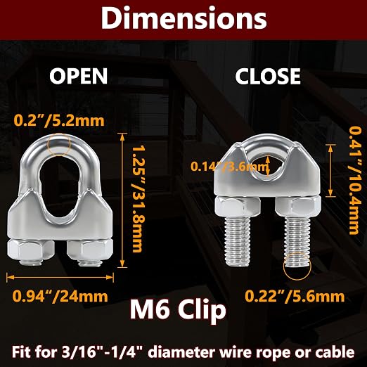 10Pcs M6 1/4 Inches Stainless Steel Wire Rope Clips Cable Clamp | Corrosion resistant,antirust,easy to install,suitable for 3/16" - 1/4" diameter wire rope or cable