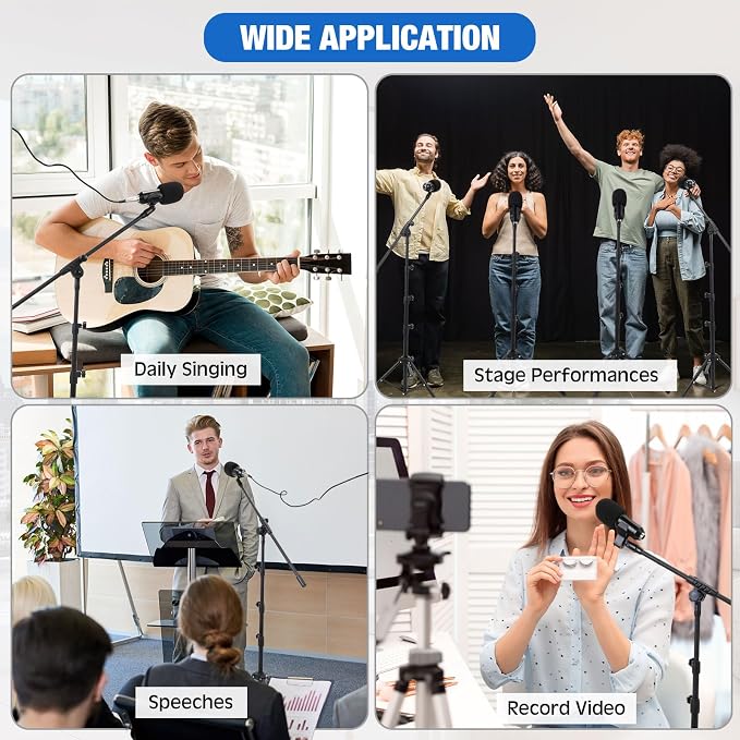 Relaxweex 4 Pcs 4 Pcs Tripod Microphone Stand Boom Arm Floor Mic Stand with Carrying Bag and Mic Clips for Singing Stage Wedding Karaoke Church (Classic Style)