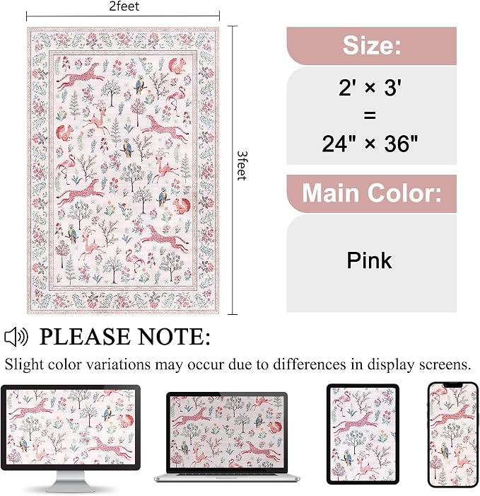 DUKINO 2x3 Rug, Washable Animal Rugs for Entryway, Non Slip Indoor Door Mat, Soft Low Pile Small Area Carpet for Entrance, Bedroom, Kitchen, Laundry, Bathroom, Pink