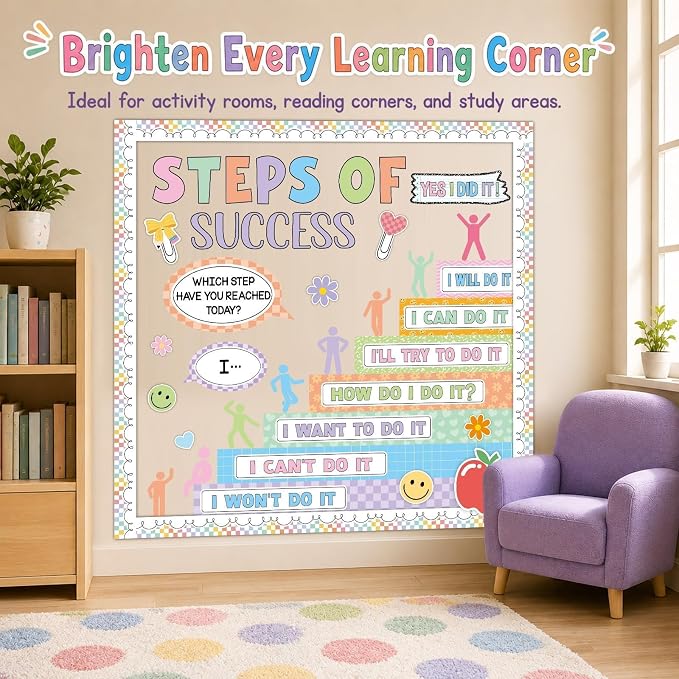 Motivational Bulletin Board Decoration Set Back to School Positive Classroom Decor Steps of Success Paper Cutouts Educational Sayings Accents for School Door Wall Decor Supplies (Composition)