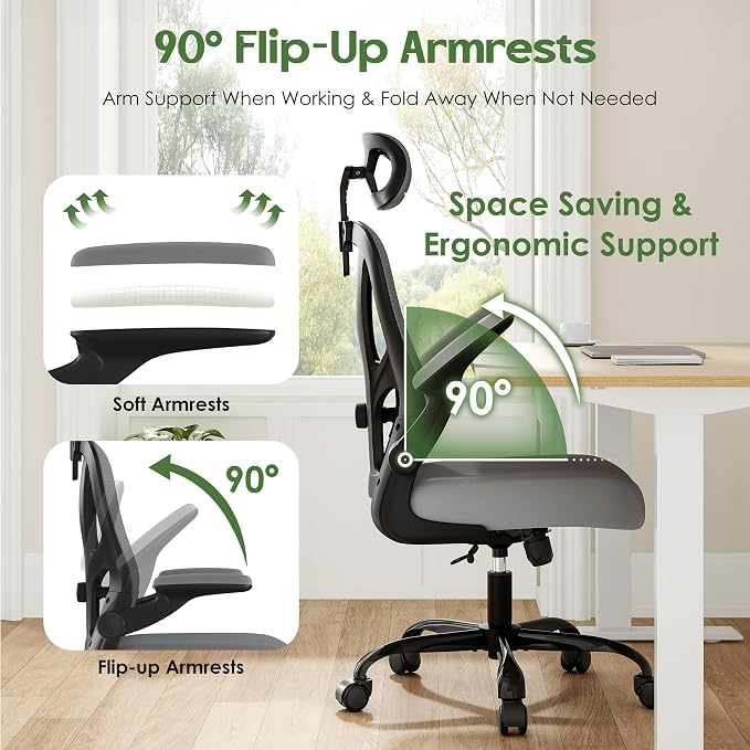Office Chair Ergonomic Desk Chair - Mesh High Back Office Chair with Headrests Wheels Lumbar Support Home Desk Office Chairs Flip up Armrest Executive Rolling Computer Chair Black Gray 2 Pack