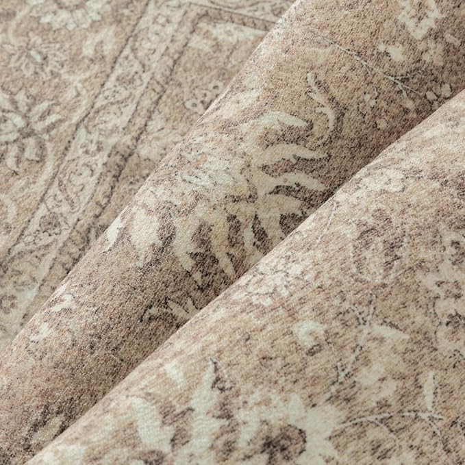 PureCozy 6x9 Area Rug Brown Washable Vintage Carpet Living Room Bedroom Large Non Slip Stain Soft Resistant Low Pile Thin Boho Accent Indoor Throw Rug for Dining Room Office