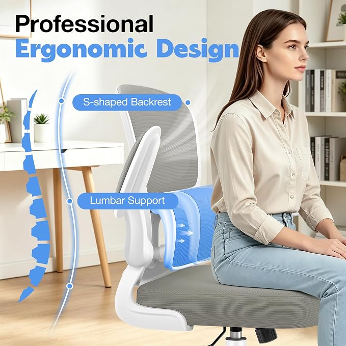 ALLGOD Ergonomic Office Chair, Breathable Mesh Ergonomic Desk Chair with Adjustable Lumbar Support, Flip-up Armrests, Computer Chairs Comfortable for Home, Office, Work, 300lbs, LightGray, Upgrade