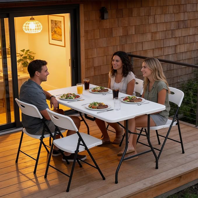 Folding Table 5FT Heavy Duty Plastic Table with Handle, Foldable&Portable, Fold-in-Half Utility Tables for Outdoor, Dining, Wedding, Events, Indoor, Picnic, Camping, Party,Khaki
