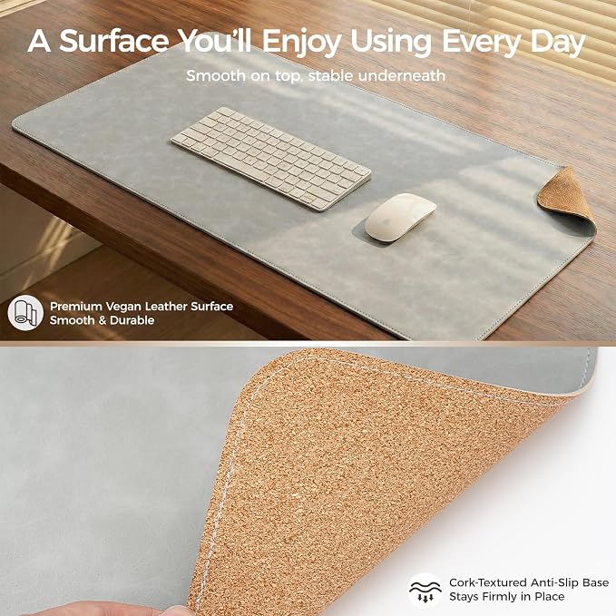 Premium Faux Leather Desk Mat & Tray Set，Innovative Cork-Look Printed Base，Gift Tube Packaging，Full-Desk Coverage，Non-Slip Desk Pad for Office Home（Mist Gray）