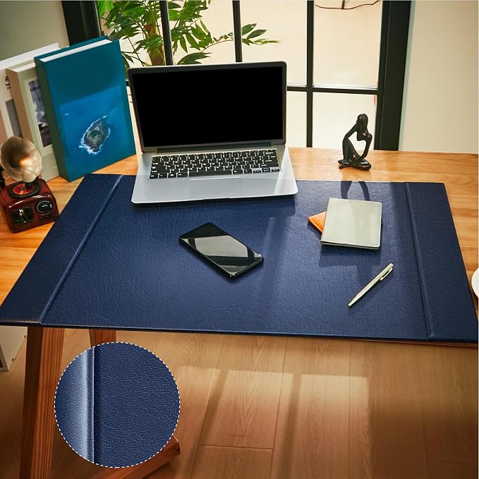 Leather Desk Pad Protector with Side Rails, Executive Office Desk Mat for Home Workspace, Writing Surface, Mouse & Keyboard Pad, Elegant Gift for Men Dad Husband(Blue,30 x 18 Inch)