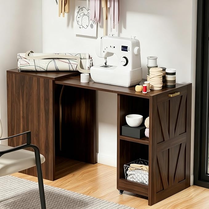 Folding Desk with Storage and Charging Station, Pull-Out Desk Cabinet with Spacious Desktop, Foldable Computer Table for Small Space, Walnut
