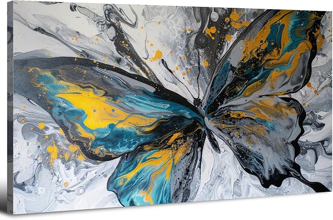 Abstract Butterfly Wall Art Teal Grey Yellow Butterfly Wall Decor Modern Marble Textured Canvas Poster Luxury Fluid Pictures Watercolor Neutral Artwork for Living Room Bedroom Home Decoration 24x48"