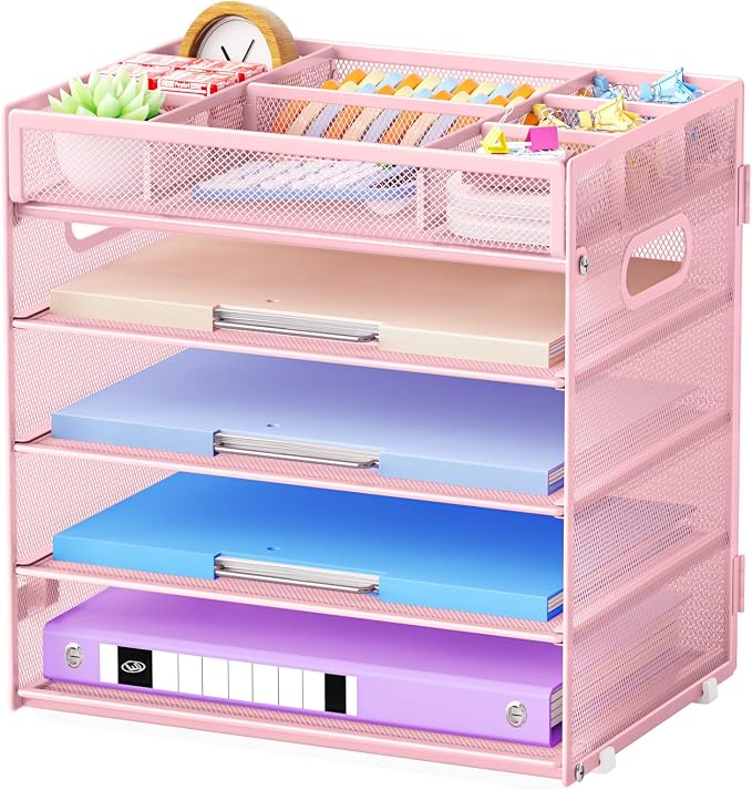 Marbrasse 5 Tier Paper Organizer, Mesh Desk Letter Tray with Handle,Pink | Paper Sorter Desk Organizer for Letter/A4 Office File Folder Holder Home Office Supplies