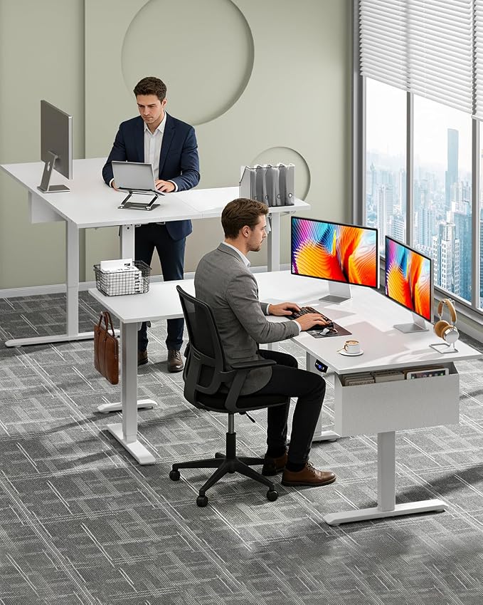 Korfile 63" L Shaped Standing Desk Height Adjustable Memory Presets White | Reversible Corner Desk, Ergonomic Sit to Stand, for Home Office, Work and Study, Weight Capacity 180lbs