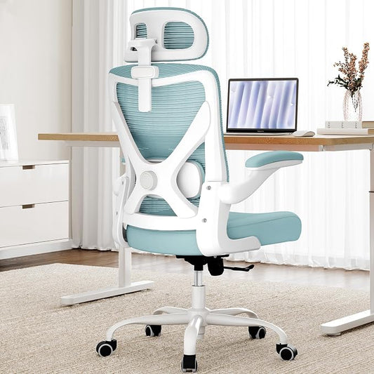 Ergonomic Office Chair: Mesh Desk Chair Comfy with Headrest& Lumbar Support | Ergalithic Big and Tall Office Chairs with Wheels & Flip-Up Arms-Computer Gaming Chairs for Adults Home Office(Lake Blue)