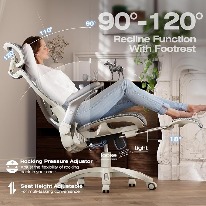 ELABEST X100 Ergonomic Mesh Office Chair with Footrest, Big and Tall Home Desk Chair with 5D Flip-Up Arms, Adjustable 3D Lumbar Support, Gaming & Executive Computer Chair, First Light