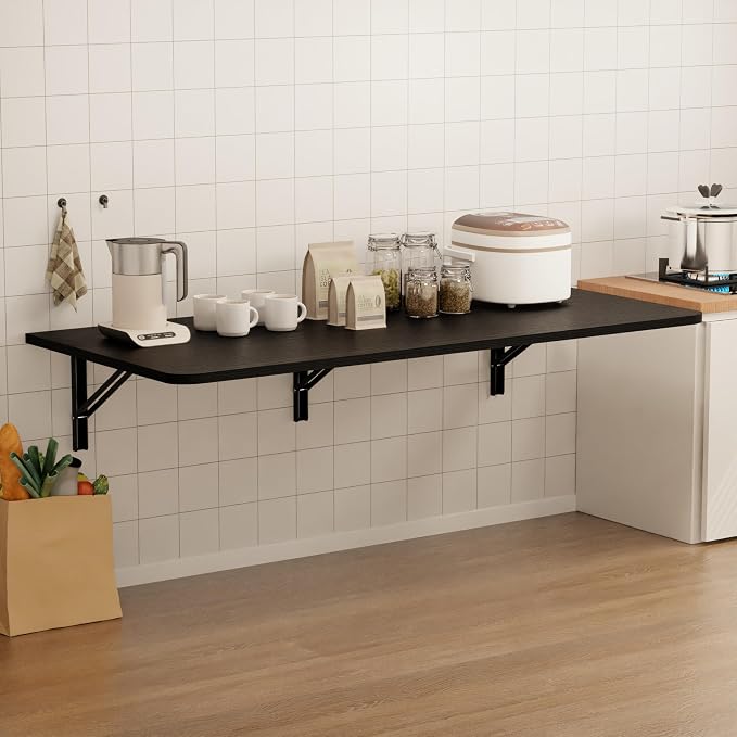 IAE Wall Mounted Floating Foldable Desk, 55" x 22" Folding Computer Workstation Table with Engineered Wood and Metal Shelf Brackets,Fold&Floating Design for Home Office, Apartment,Laundry Room,Black