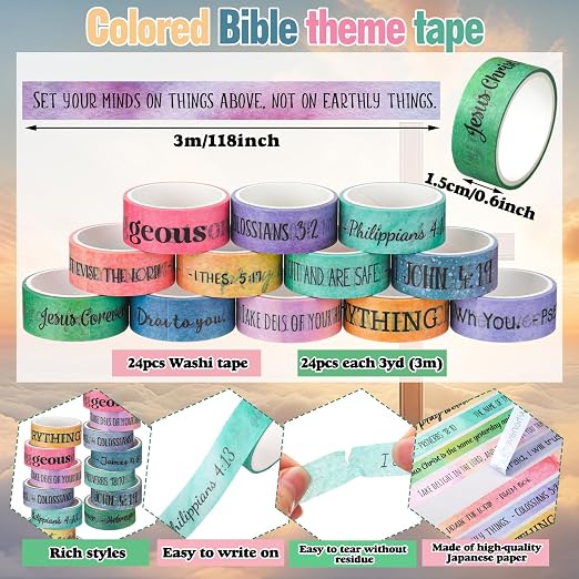 24 Rolls Back to School Christian Washi Tape Gifts Bulk Graduation VBS Religious Scripture Rainbow Morandi Bible Verse Washi Tape for Bible Journaling Crafting Students BibleStudy Stationery