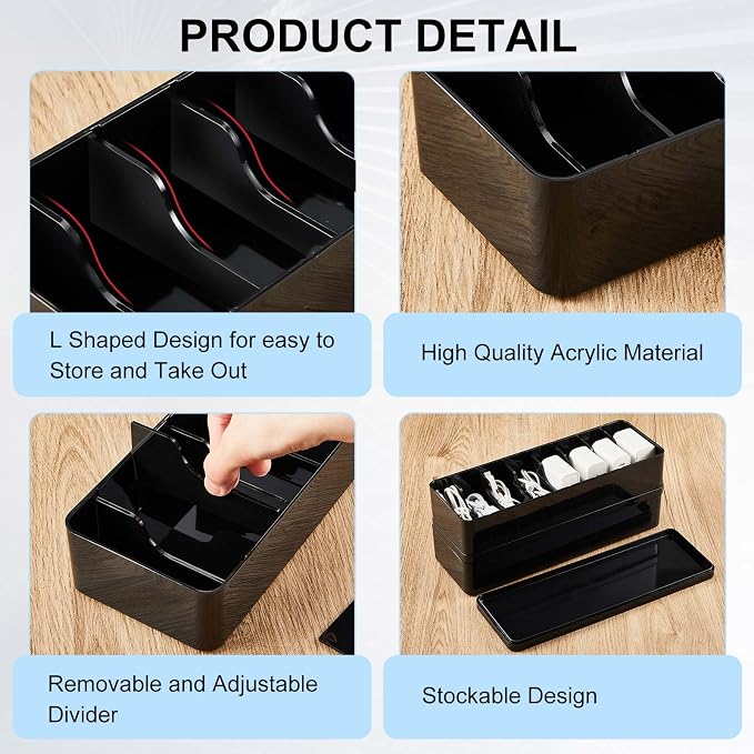 Tatuo 1 Pcs Cord Organizer for Drawer Desktop, Cable Organizer Box with 8 Compartments and Wire Ties, Plastic Charger Storage with Lid, Electronics Case for Home Office Accessories (Small,Black)
