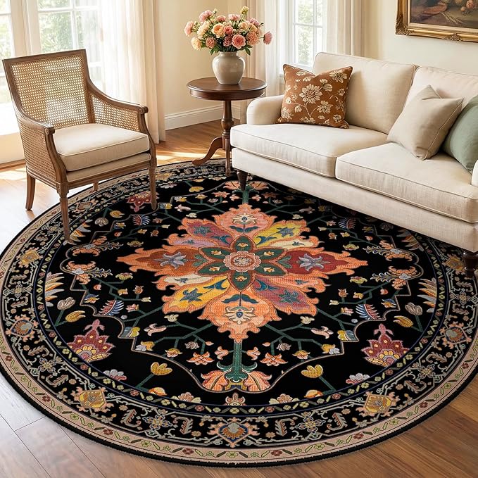 RELEANY Area Rugs Round 7ft Washable Non-Slip, Floral Vintage Distress Medallion Carpet for Living Room Bedroom Dining Room, Black Colorful Floral Dark Tan