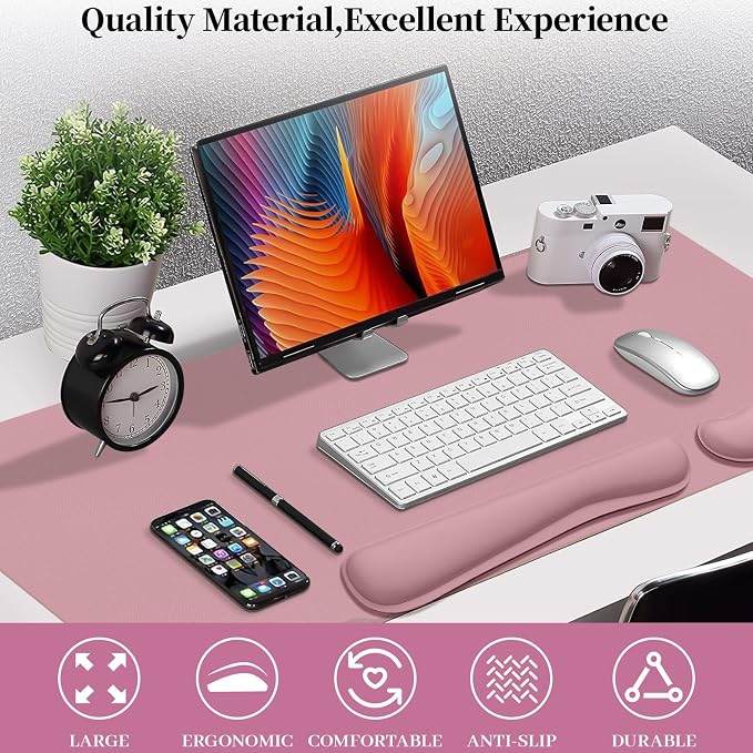Mouse Pad and Keyboard Wrist Rest, 3-in-1 Keyboard and Mouse Pad Set, Ergonomic Wrist Rest for Computer Keyboards, Non-Slip Desk Mat Protector for Women (Purple Pink, 27.6" X 13.8")
