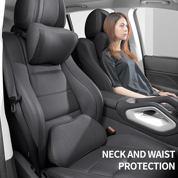 Car Lumbar Support Pillow for Driving Seat, Black, 1 Pack | Leather Memory Foam Lumbar Cushion for Lower Back Pain Relief, Universal Back Support for Driving, Home & Office Chairs
