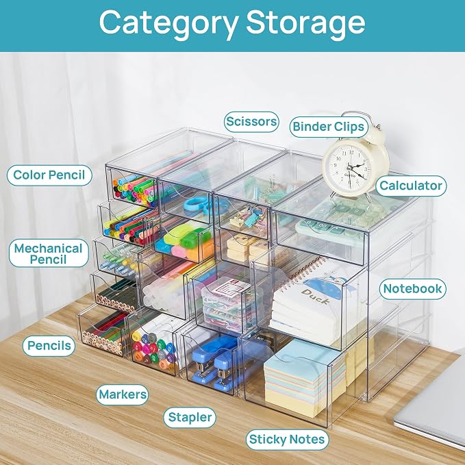 Vtopmart 4 Set Acrylic Desk Organizer with 16 Drawers for Office, Makeup | Clear Storage Drawers for Office Supplies, Desktop Organization for Makeup, Jewelry, Art Crafts, Bead, Pen, Stationary
