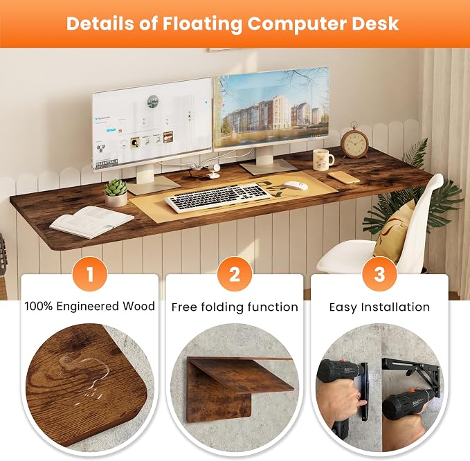IAE Wall Mounted Floating Foldable Desk, 55" x 22" Folding Computer Workstation Table with Engineered Wood and Metal Shelf Brackets,Fold&Floating Design for Home Office, Apartment,Laundry Room,Rustic