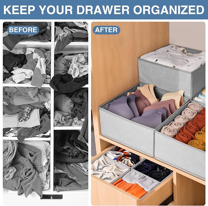 Drawer Organizer Clothes 12 Pack, Dresser Organizer for Nursery Bedroom Closet Organization and Storage - Baby Clothes Organizer Bins - Drawer Divider for Sock Underwear Bra Ties (Grey)