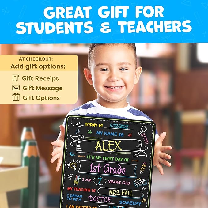 First Day of School Sign Board with Liquid Chalk Markers - 14”x11” Double-Sided & Reusable - My First and Last Day - Back to School Supplies Board for Kindergarten, Preschool