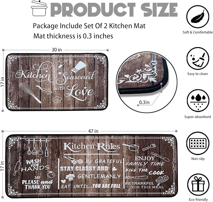 Voanos Brown Kitchen Rugs,Non Skid Washable Microfiber mats for Kitchen Floor, Kitchen Rules Theme Cushioned Runner Rug Decor Sets of 2 Pieces,17"x 47"+17"x 30"