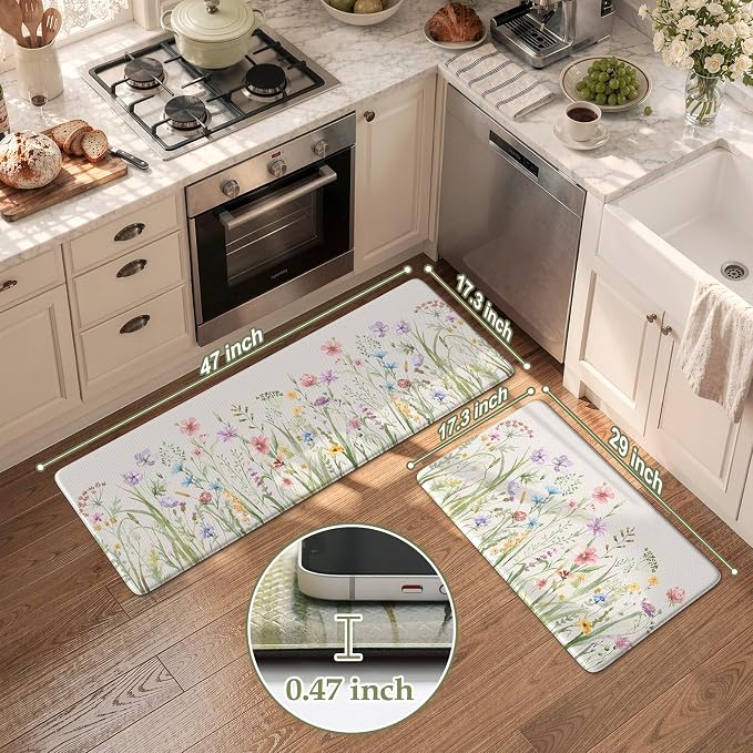KIMODE Anti Fatigue Kitchen Mat for Floor, Farmhouse Floral Kitchen Rugs Sets of 2, Kitchen Floor Mats Non-Slip, Cushioned Standing Mat for Sink, Laundry, Desk, Home White 17"x47"+17"x29"