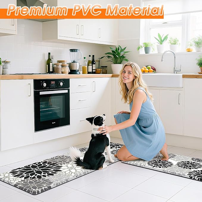 StepLively Kitchen Mats for Floor 2PCS, Anti Fatigue Mats for Kitchen Floor, Kitchen Accessories for Sink, Office, Laundry, 17.3"×30"+17.3"×47", White and Black