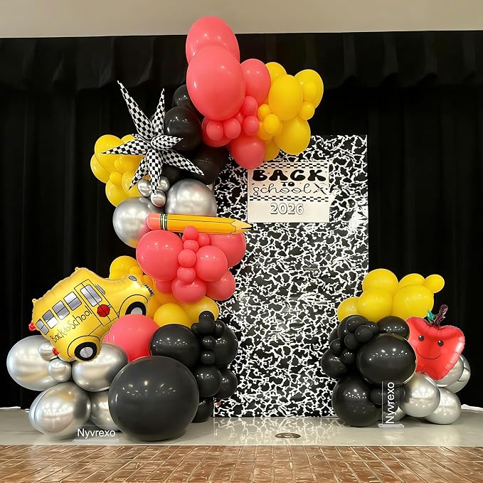 151Pcs Back to School Balloon Arch Garland Kit, School Bus, Pencil, Apple, Explosion Star Foil Balloons for Classroom Decoration, Kindergarten Party Backdrop, Back to School Event Supplies