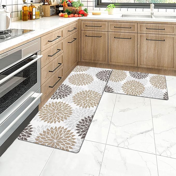 HEBE Anti Fatigue Kitchen Rugs Set of 2, Cushioned Kitchen Mats for Floor | Non Slip Washable Kitchen Runner Rug Set, Floral Stain Resistant Waterproof Comfort Mat Carpet for Sink, Standing Desk