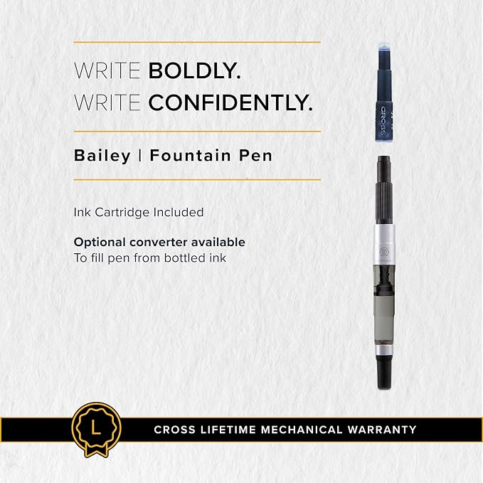 Cross Bailey Refillable Fountain Presented in a Premium Gift Box - Medium Point, Black Ink, Black