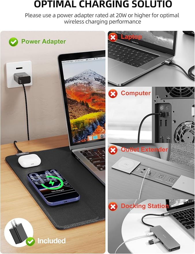TopMade Mouse Pad with 15W Wireless Charging, XXL Large Leather Desk Mat, Waterproof Gaming Mousepad Home Office Desk Pad Protector, Black (Includes 20W PD Power Adapter & 6.56ft Woven Cable)