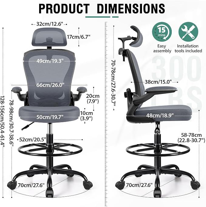 AtHope Drafting Chair, Tall Office Chair with 3D Lumbar & Head Support | Ergonomic Mesh Standing Desk Chair with Footrest Ring, Comfy Extended High Desk Chair with Flip-Up Arms & Hanger, Dark Gray