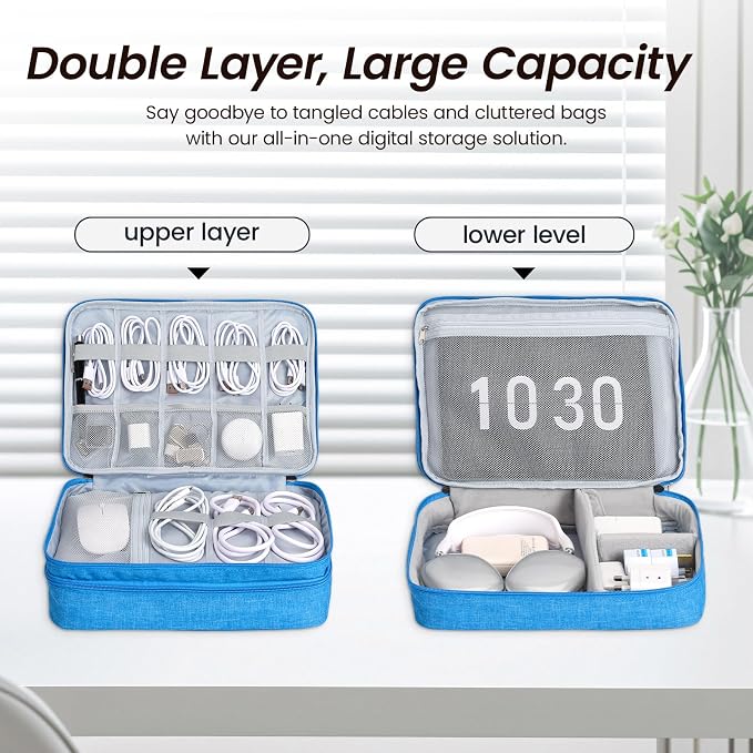 Large Electronic Organizer Travel Case, Double Layer Tech Accessories Bag with 3 DIY Adjustable Dividers, Waterproof Padded Cable Storage Pouch for Camera Gear, Power Bank, Hard Drive, Mouse