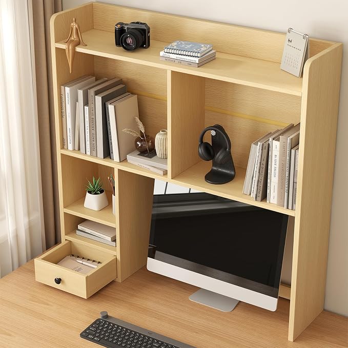 knoworld Desktop Bookshelf for 27" Monitor, Space-Saving Engineered Wood Desk Hutch Organizer with Adjustable Shelves & Drawer, Clutter-Free Tabletop Bookcase for Dorm & Home Office, Natural