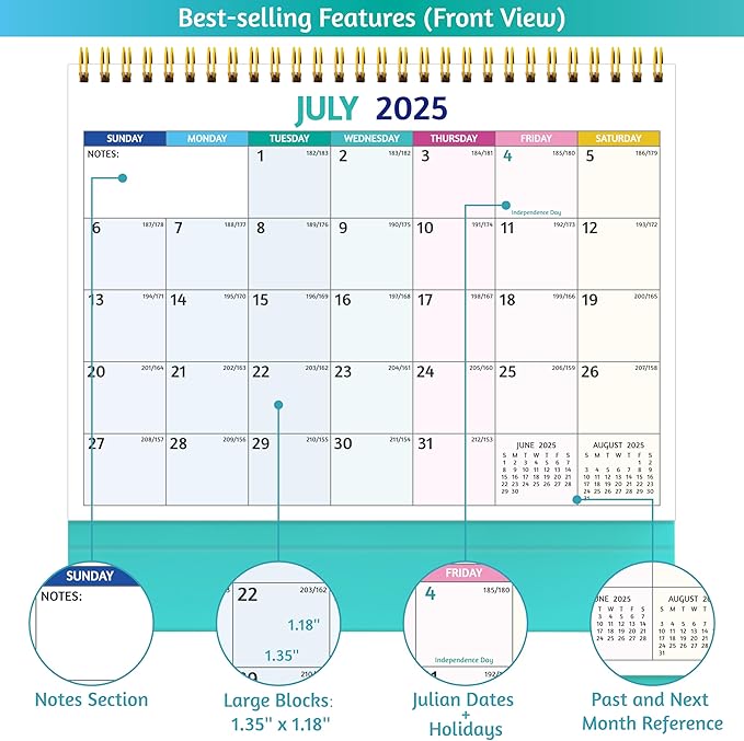 Desk Calendar 2025-2026 - Standing Flip Desktop Calendar 2025-2026, 18 Months Jul 2025 - Dec 2026, 10" x 8", Large with Notes, To-Do, Yearly Overview, Thick Paper, Great for Easy Planning - Multicolor