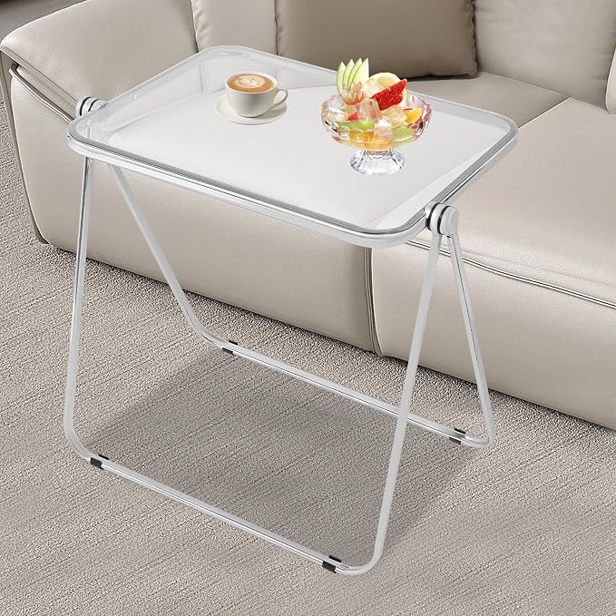 Acrylic Folding Table, 25 * 20 * 27in Compact Writing Desk with Sturdy Metal Frame, Side Table for Small Spaces, Home Office, Small Computer, Snack Dinner on Couch (Silver and Clear)