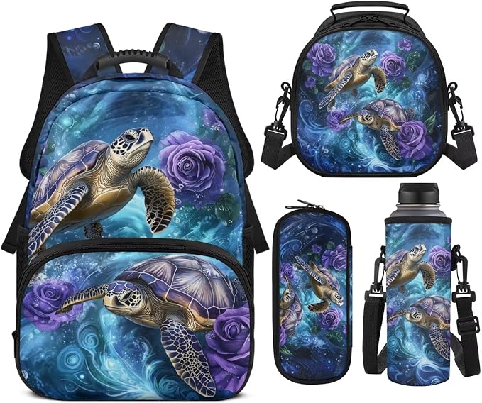 Sea Turtle Backpack Set for Boys Girls, 4PCS Blue School Backpack with Lunch Box & Pencil Case, 17 Inch Lightweight Elementary Bookbag for Kids Ages 6-10