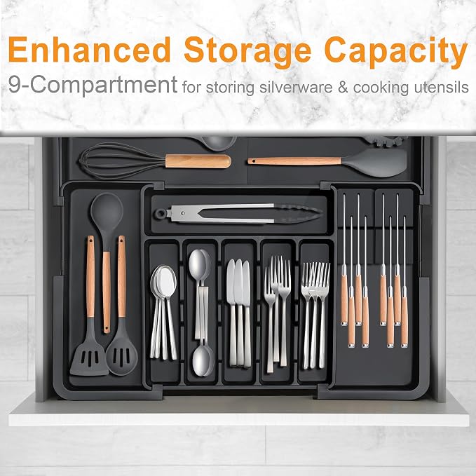 Silverware Organizer - Expandable Large Kitchen Drawer Organizer Utensil Organizer with 2 Removable Knife Blocks, 22"x 19"Cutlery Tray Drawer Dividers for Kitchen Flatware(6-9 Slots) (Black)