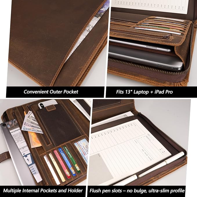 Full Grain Leather Portfolio with Zipper, Professional Business Organizer for Men Women, Executive Resume Folder with A4 Notepad Holder, Card Slots, Pen Loop, 10x13'', Luxury Gift Set