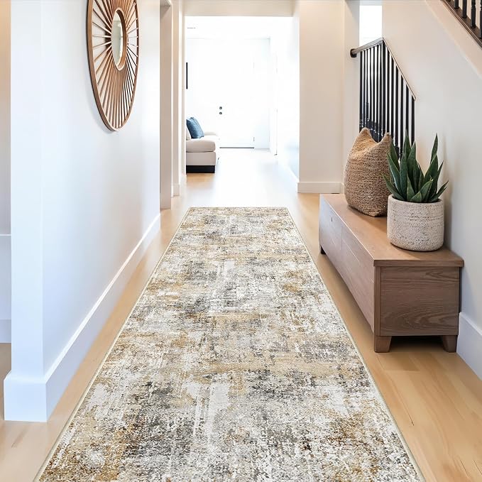 Rug Runners for Hallways Non Slip - 3X10 Washable Kitchen Runner Rug with Rubber Backing | Modern Abstract Wide Floor Carpet Runner for Indoor Entryway, Bedroom, Living Room (Gold Grey)
