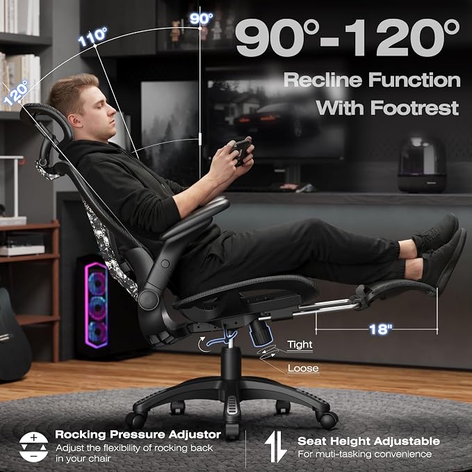 ELABEST X100 Ergonomic Mesh Office Chair with Footrest, Big and Tall Home Desk Chair with 5D Flip-Up Arms, Adjustable 3D Lumbar Support, Gaming & Executive Computer Chair, Night Reaper