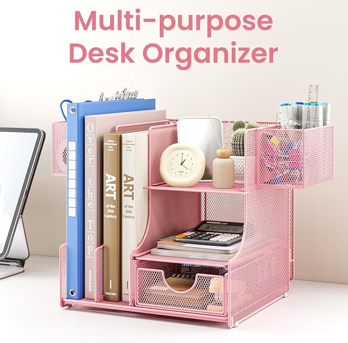 Lavatino Desk Organizer – 4-in-1 Pink Mesh Office Supplies Organizer with Pen Holder, File Holder, Desktop Tray, and Drawer for Home, Office, Classroom