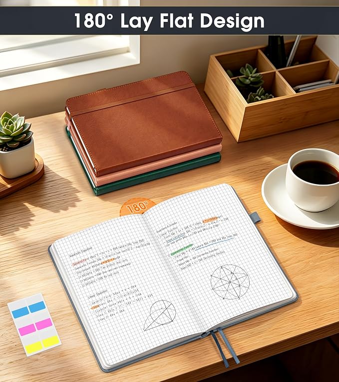 A5 Leather Hardcover Graph Paper Notebook, 160 Pages (5 Squares/Inch), 180° Lay-Flat Binding, 100 GSM Thick Paper, for Math, Engineering, Students & Technical Work (Dusty Blue)