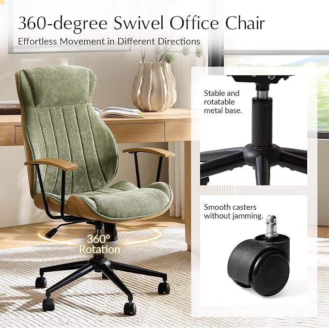 HULALA HOME Solid Wood Office Chair with High Backrest, Green | Mid Century Modern Bentwood Desk Chair with Tilt Function, Swivel Fabric Computer Task Chair, Height Adjustable, Metal Base