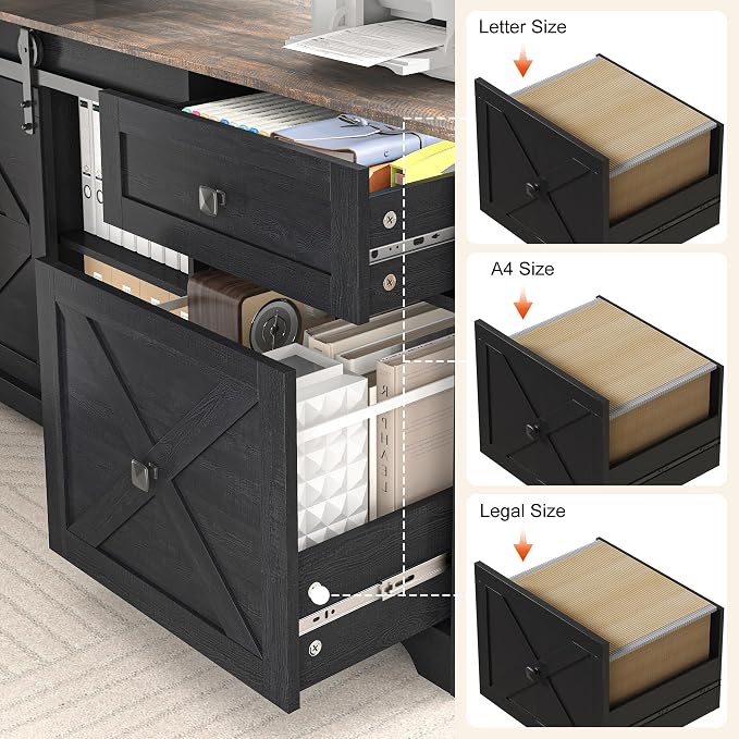St.Mandyu L Shaped Electric Standing Desk 55" Black with Power & Storage | File drawer, sliding door cabinet, cup holder, height adjustable, sturdy wood frame, home office for work/study/writing
