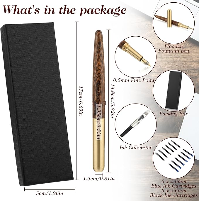 cobee Handcrafted Wooden Fountain Pens Set, Vintage Luxury Wood Fountain Pen 0.5mm Fine Point Smooth Writing Pen With 12 Ink 2.6 mm Cartridges and Gift Box for Journaling Calligraphy Supplies(B)