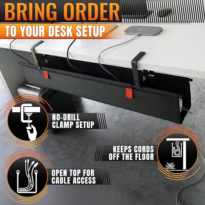 Under Desk Cable Management Tray 36" — No Drill Clamp-On Cord Organizer for Desk with Built-in Ties, Heavy Duty Metal Clamp, Foldable 600D Oxford Fabric for Home Office, WFH & Gaming PC Setup (Black)
