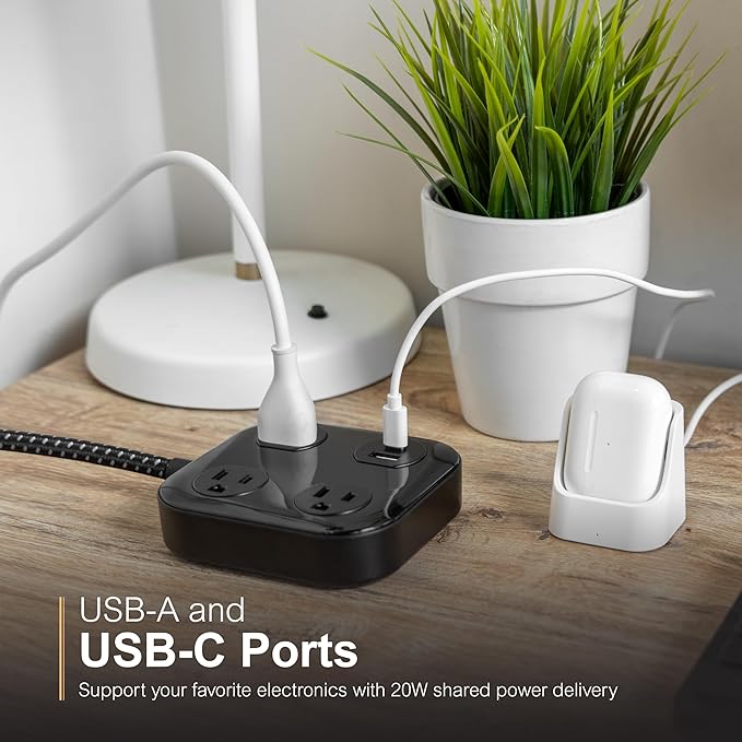 GE UltraPro 3-Outlet Surge Protector with 4ft Braided Cord, Power Strip, Extension Cord, Flat Plug, 1 USB-A & 1 USB-C Port, 245 Joules, for Home School & Office, Charging Station, Black – 82592
